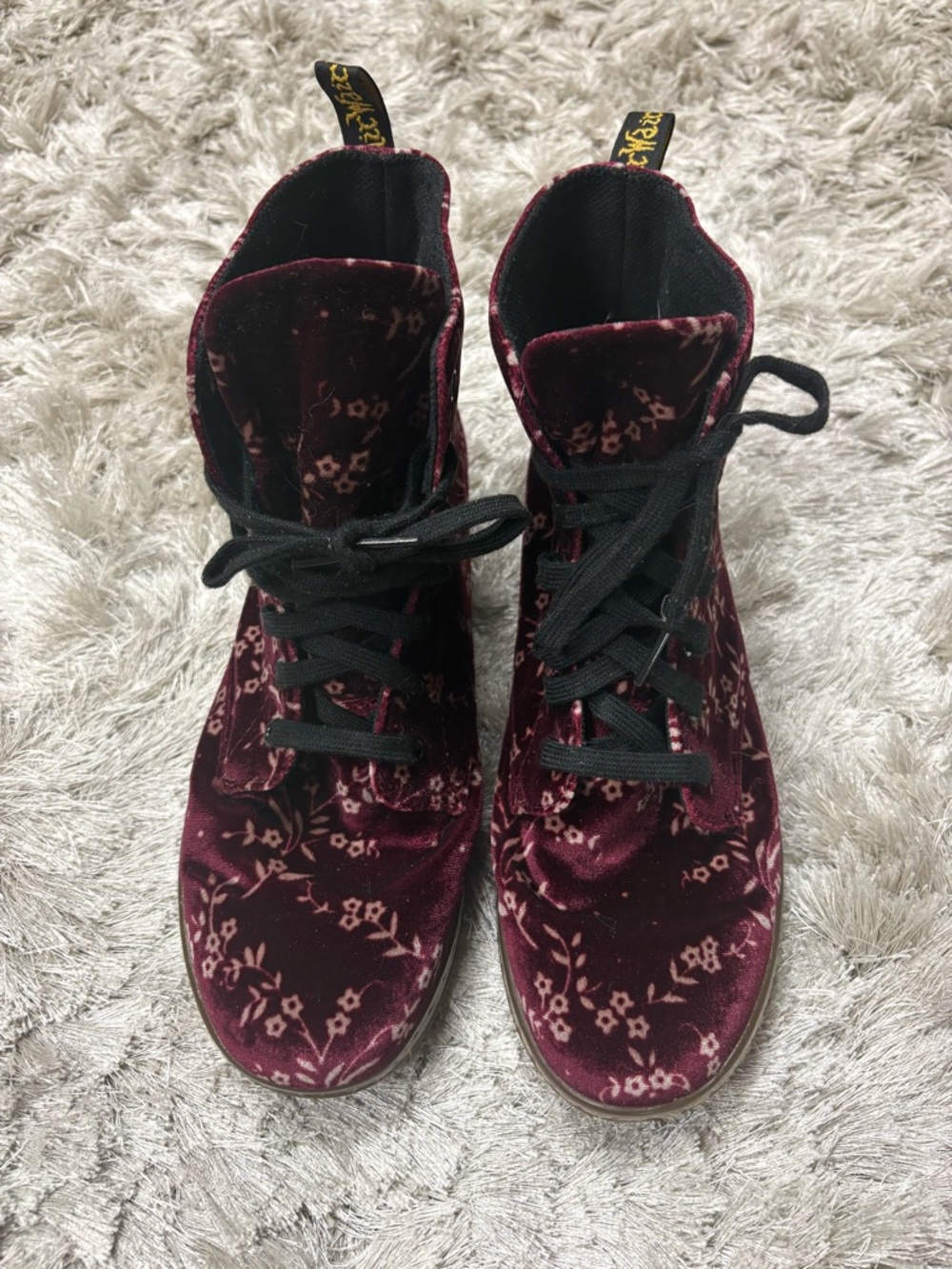 Dr. Martens Burgundy Floral Velvet Lace-Up Boots Sz 10